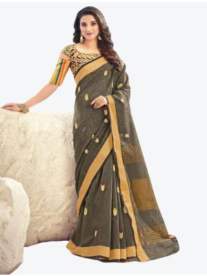 Deep Grey Embroidered Linen Cotton Designer Saree small FABSA21140