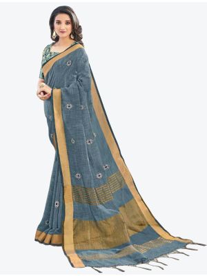 Faded Blue Embroidered Linen Cotton Designer Saree small FABSA21136