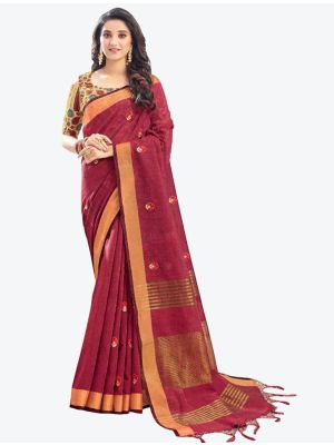 Maroon Embroidered Linen Cotton Designer Saree FABSA21139