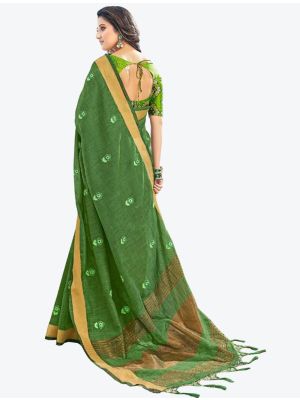 Moss Green Embroidered Linen Cotton Designer Saree small FABSA21141