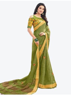 Pear Green Embroidered Linen Cotton Designer Saree small FABSA21137