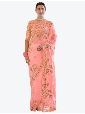 Bright Peach Premium Organza Festive Wear Designer Saree small FABSA21217