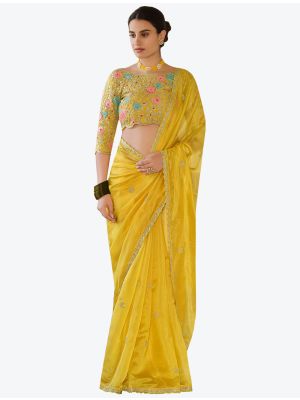 Bright Yellow Premium Organza Festive Wear Designer Saree small FABSA21208