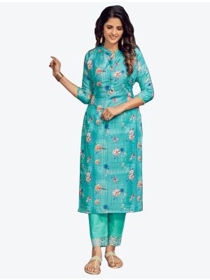 bright turquoise modal muslin digital printed kurti with pant fabku20479