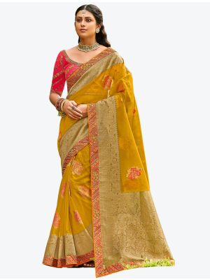 Mustard Yellow Premium Organza Silk Party Wear Designer Saree small FABSA21295