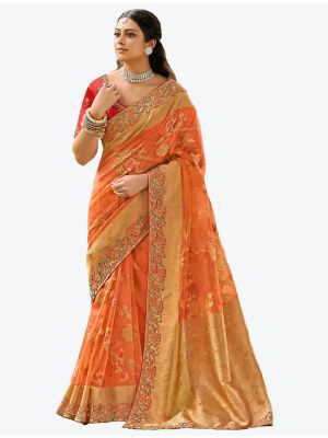 Pastel Orange  Premium Organza Silk Party Wear Designer Saree small FABSA21298
