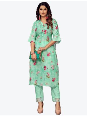 sea green modal muslin digital printed kurti with pant fabku20472