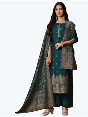 Dark Green Jacquard Silk Designer Straight Suit with Dupatta thumbnail FABSL20685