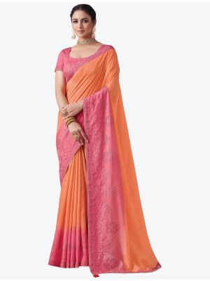 Dark Peach Embroidered Viscose Silk Party Wear Designer Saree small FABSA21371