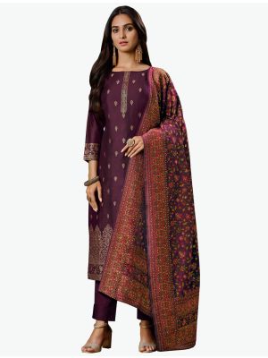 Dark Purple Jacquard Silk Designer Straight Suit with Dupatta thumbnail FABSL20684