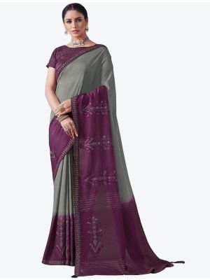 Metallic Grey Embroidered Viscose Silk Party Wear Designer Saree small FABSA21375