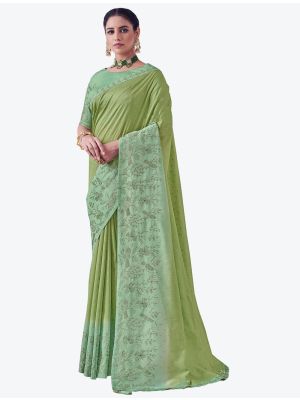 Pastel Green Embroidered Viscose Silk Party Wear Designer Saree small FABSA21373