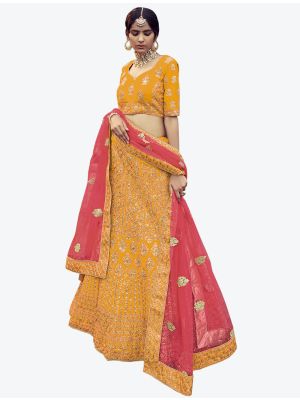 Deep Yellow Premium Satin Wedding Wear Heavy Designer Lehenga Choli small FABLE20240