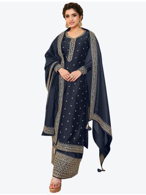Dark Blue Heavy Blooming Vichitra Designer Palazzo Suit small FABSL20737