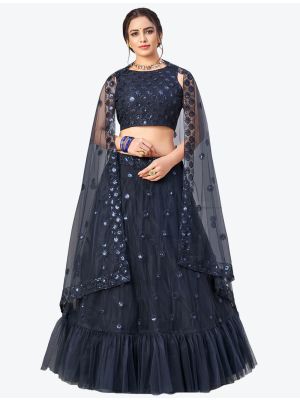 Navy Blue Net Party Wear Designer Lehenga Choli with Dupatta small FABLE20255