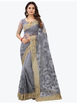 Steel Grey Fancy Net Party Wear Designer Saree FABSA21557