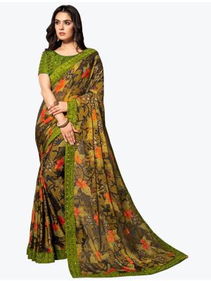 Mehendi Green Chiffon Brasso Festive Wear Designer Saree small FABSA21615