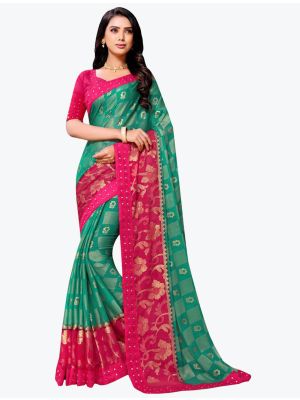 Sea Green Chiffon Brasso Festive Wear Designer Saree small FABSA21623