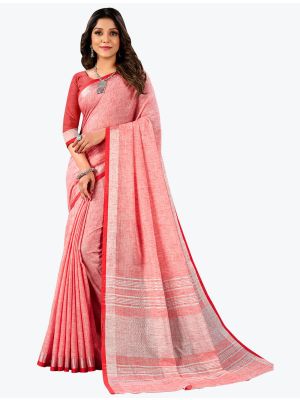 Gajri Red Linen Cotton Festive Wear Comfortable Designer Saree small FABSA21661