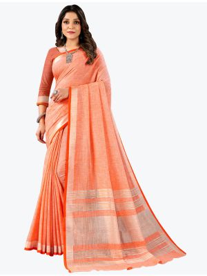 Orange Linen Cotton Festive Wear Comfortable Designer Saree small FABSA21659