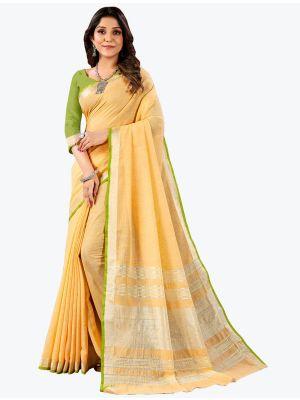 Yellow Linen Cotton Festive Wear Comfortable Designer Saree small FABSA21662