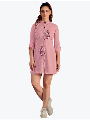 baby pink italiya lycra embroidered button down tunic  swatch fabku20589