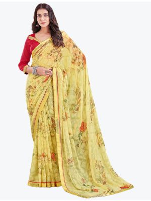 Pastel Yellow Printed Brasso Saree With Diamond Work small FABSA21797
