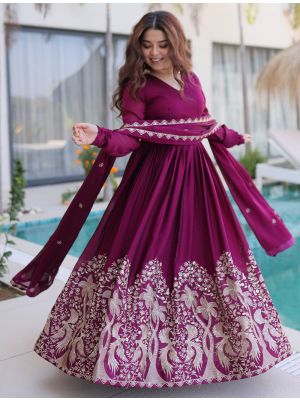 vibrant wine rangoli crush flared gown with dupatta fabgo20438