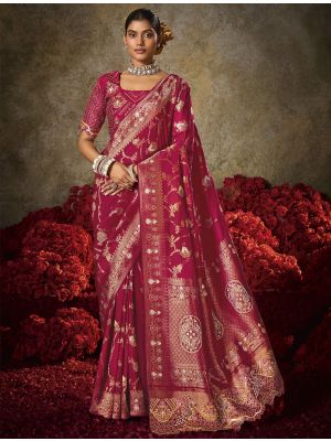 Vivid Burgundy Soft Silk Embroidered Saree With Diamond Work