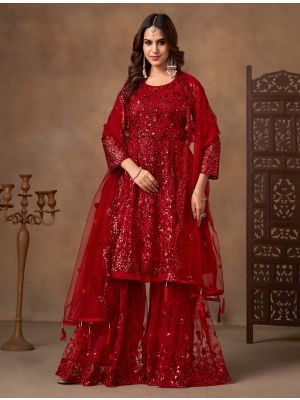 Vivid Maroon Net Semi Stitched Sharara Suit small FABSL22360