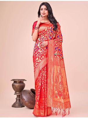 Vivid Red Lichi Silk Festive Saree