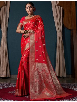 Vivid Red Satin Silk Premium Saree With Zari Work FABSA22139