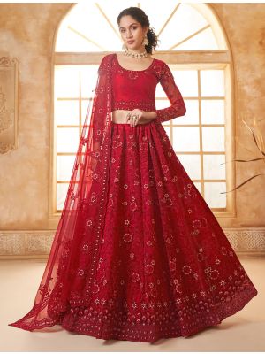Vivid Red Soft Net Embroidered Lehenga With Diamond Work small FABLE20430