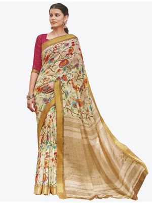 Cream Linen Cotton Designer Saree small FABSA20660