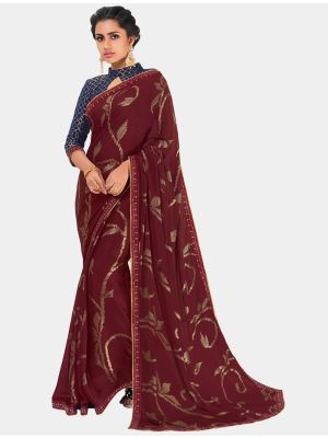 Maroon Chiffon Dyed Gold Foil fabric Designer Saree small FABSA20688