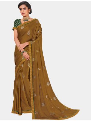 Mustard Chiffon Dyed Gold Foil fabric Designer Saree small FABSA20693