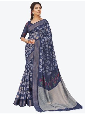 Navy Blue Linen Cotton Designer Saree small FABSA20661