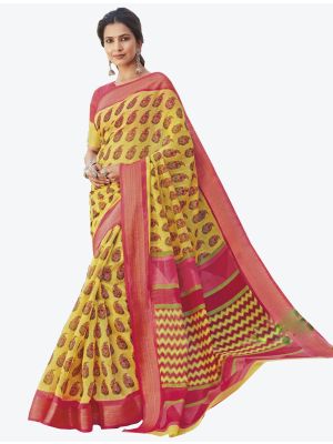 Yellow Linen Cotton Designer Saree small FABSA20663