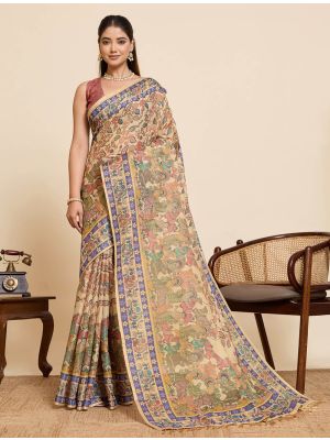 Warm Beige Linen Traditional Pattern Saree
