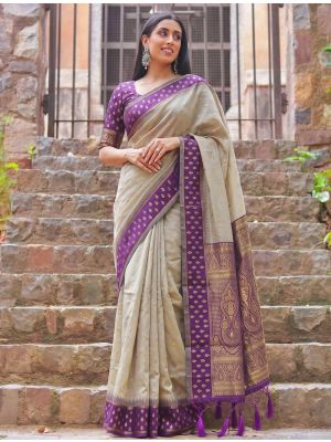 Warm Beige Zari Woven Cotton Saree With Purple Blouse