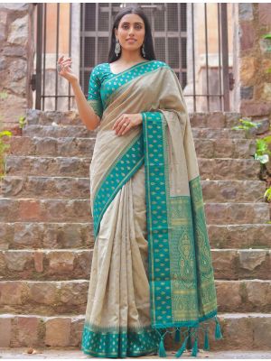 Warm Beige Zari Woven Cotton Saree With Teal Green Blouse