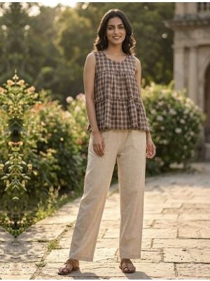 warm brown linen cotton top with straight cut trousers fabku21253