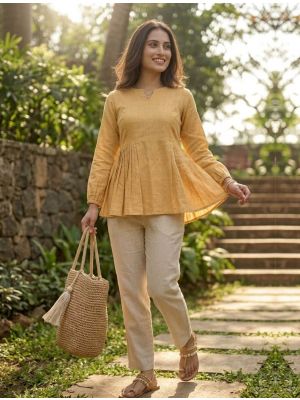 warm yellow linen cotton top with straight cut trousers fabku21257