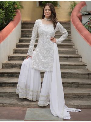 White Georgette Stylish Readymade Sharara Suit FABSL21992