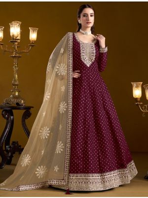Wine Chanderi Embroidered Anarkali Suit small FABSL21944