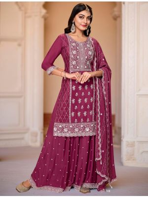 Wine Chinon Embroidered Ready To Wear Palazzo Suit FABSL22255