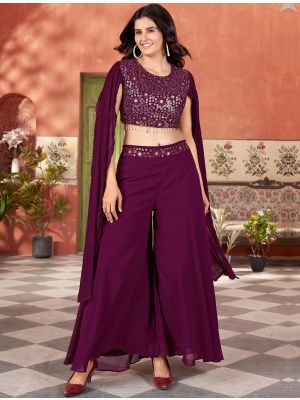 wine georgette crop top palazzo set with cape sleeves fabku21125