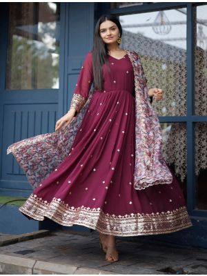 wine georgette zari embroidered readymade gown with dupatta fabgo20267
