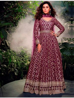 Wine Jacquard Silk Ready To Wear Anarkali Suit In XL small FABSL22194