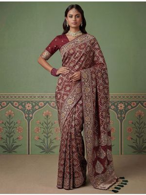 Wine Red Pashmina Silk Saree With Intricate Zari Weaving
